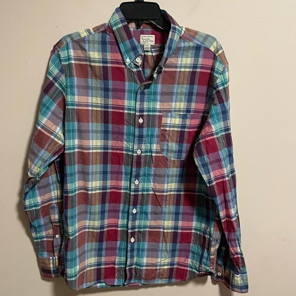 J Crew Shirt Blue Plaid Woven Indian Madras Button Down Long Sleeve- Size Large - Picture 1 of 4